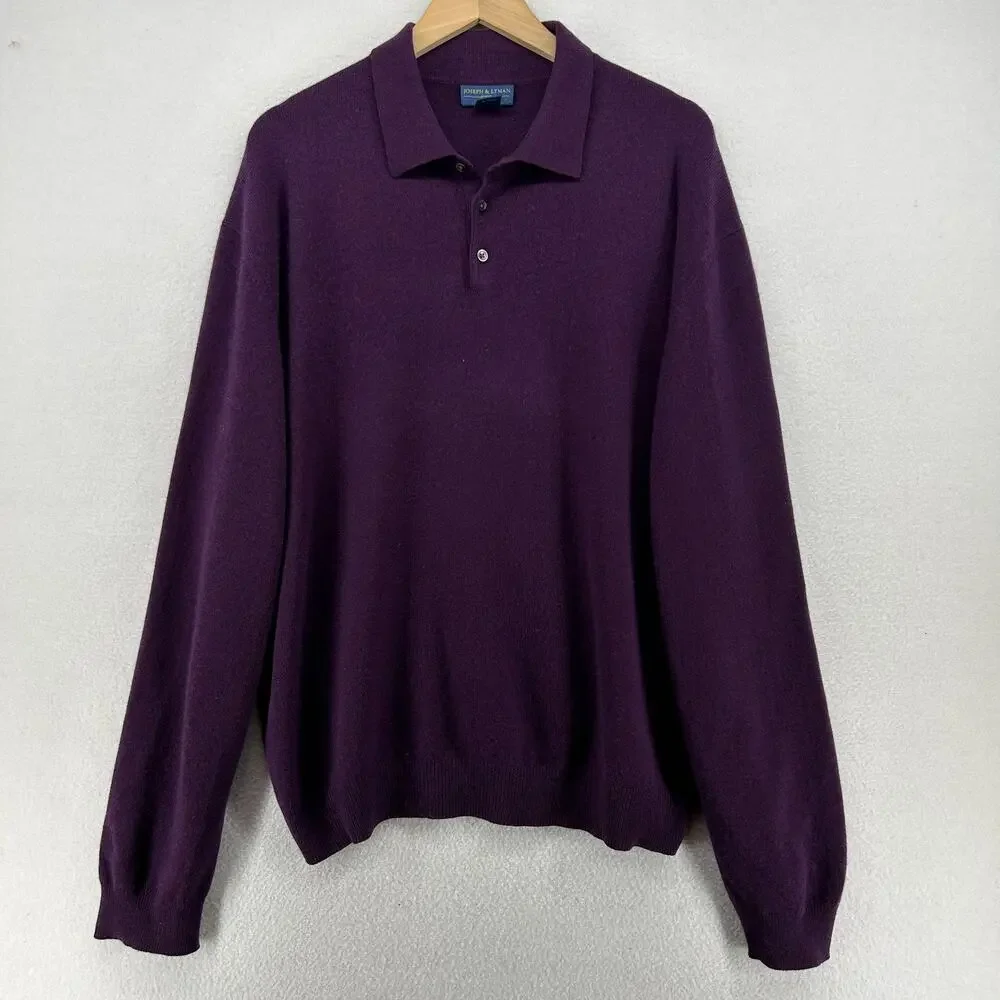 JOSEPH & LYMAN Sweater Mens XXL 100% Cashmere Polo Golf Jumper Pullover Purple